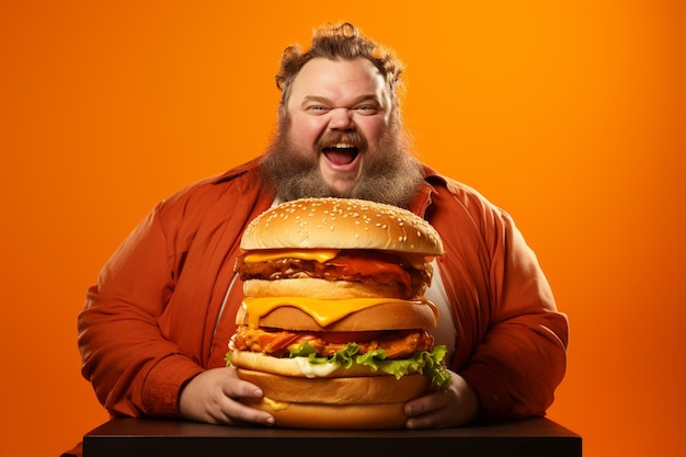Homme en surpoids mangeant un délicieux hamburger