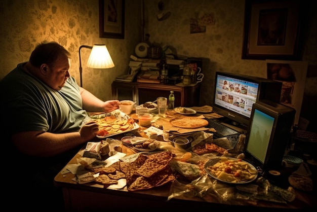 Photo un homme en surpoids mangeant de la malbouffe dans sa chambre.