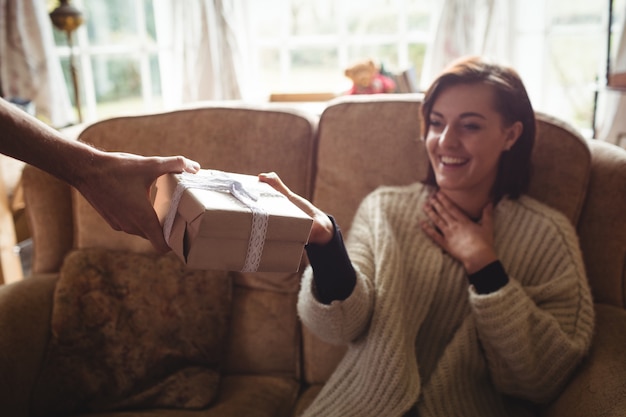 Homme Surprenant Femme Avec Un Cadeau Dans Le Salon