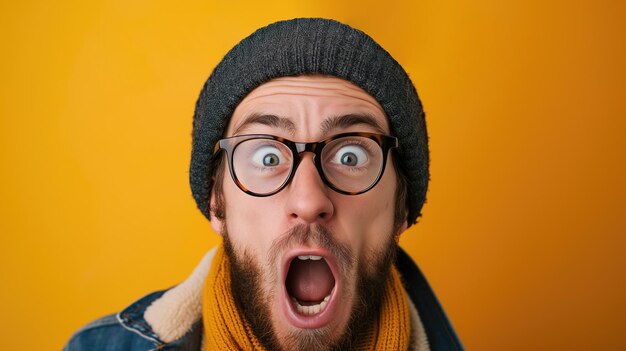 Un homme surpris avec un chapeau sur un fond orange