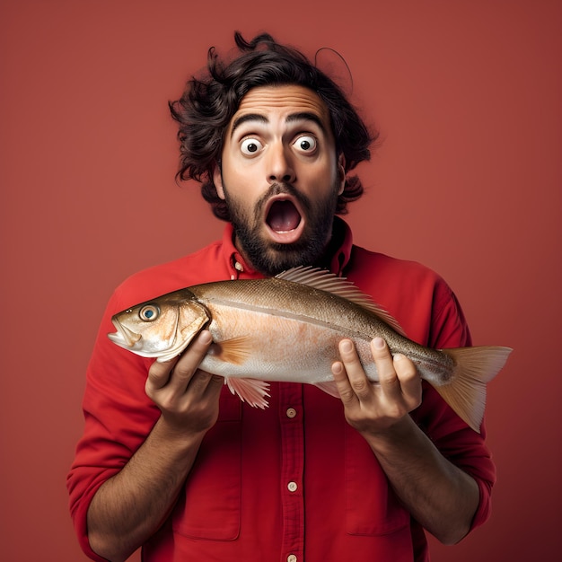 Photo homme surpris tenant un poisson