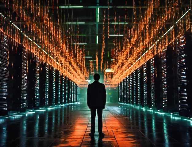 Un homme en sweat à capuche debout dans un grand couloir de centre de données