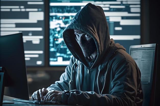 Un homme en sweat à capuche est assis devant un ordinateur devant des moniteurs avec le code texte à l'écran.
