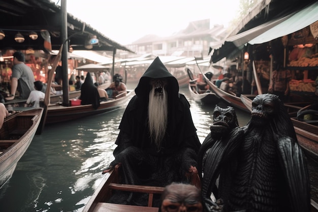 Un homme en sweat à capuche noir avec une barbe blanche est assis dans un bateau dans un canal.