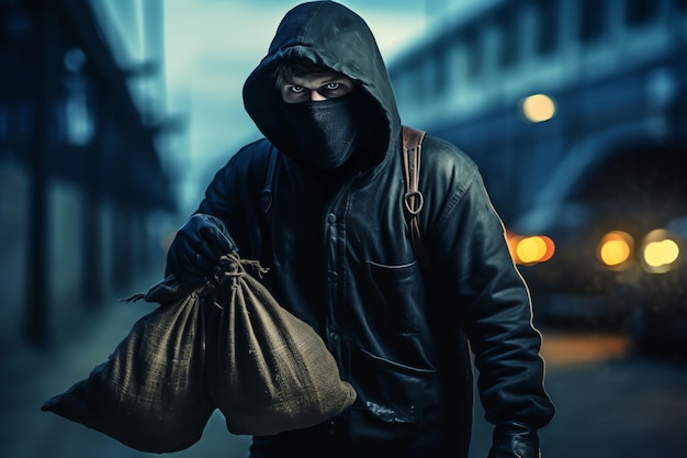 Un homme en sweat à capuche tient un sac d'argent dans sa main
