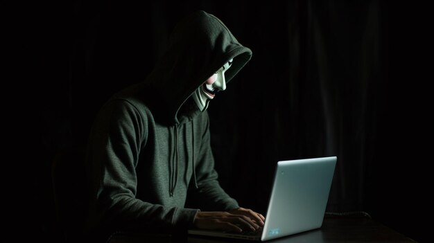 Un homme en sweat à capuche utilise un ordinateur portable dans le noir.