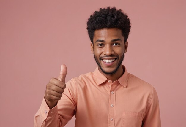 Photo un homme sympathique avec une coiffure afro dans une chemise pêche donnant un pouce vers le haut son sourire radieux et