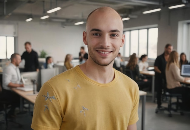 Un homme sympathique souriant dans un bureau bondé portant un t-shirt jaune, une atmosphère de travail décontractée et optimiste.