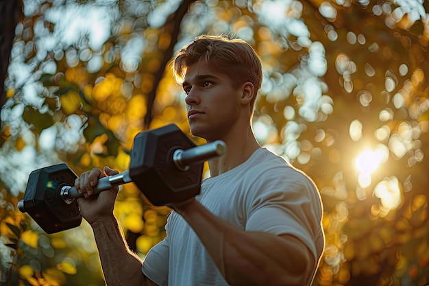 Un homme en T-shirt blanc fait des exercices avec une barre dans le parc.