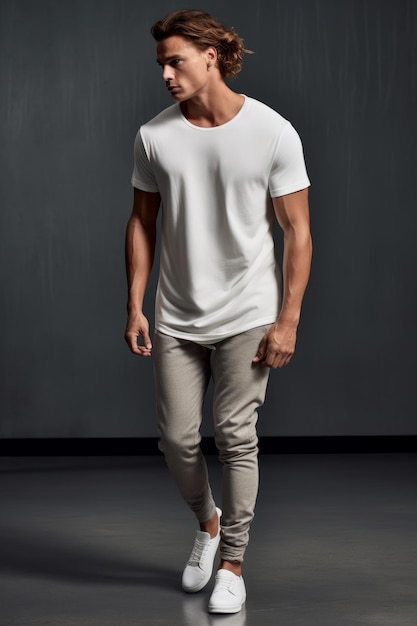 Un homme en t-shirt blanc et jeans se tient devant un fond sombre.