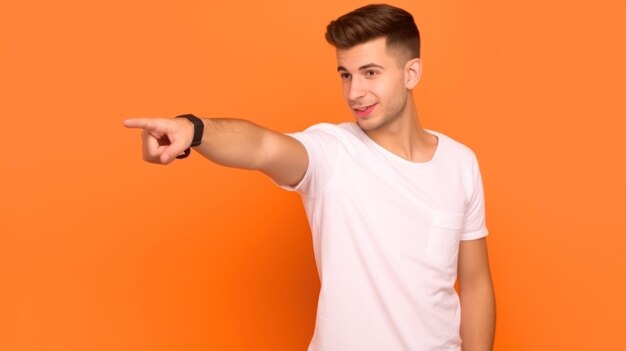 Un homme en t-shirt blanc pointe vers la droite.