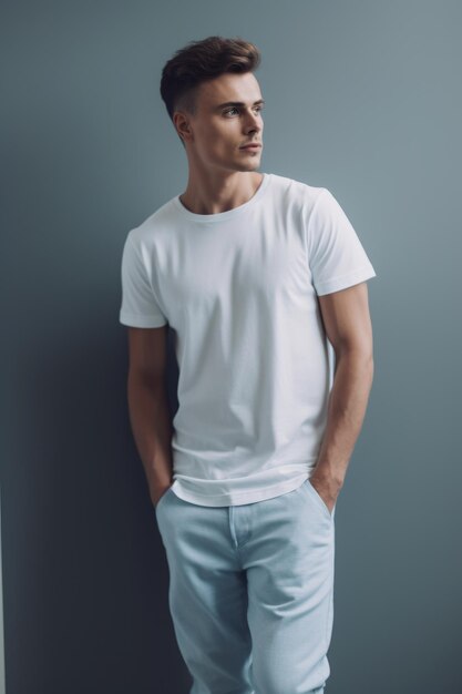 Un homme en t-shirt blanc se tient contre un mur gris vêtu d'un t-shirt blanc et d'un short bleu clair.