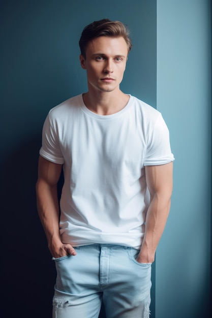 Un homme en t-shirt blanc se tient devant un mur bleu.