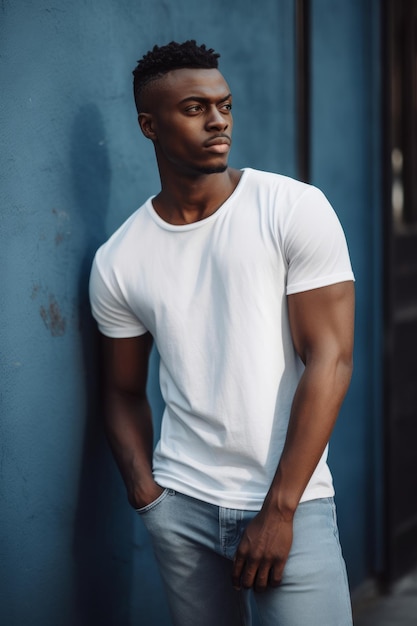 Un homme en t-shirt blanc se tient devant un mur bleu