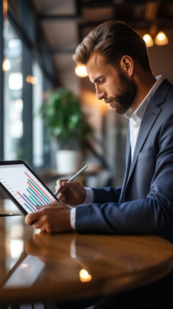 Homme avec tablette et courbe de croissance en arrière-plan