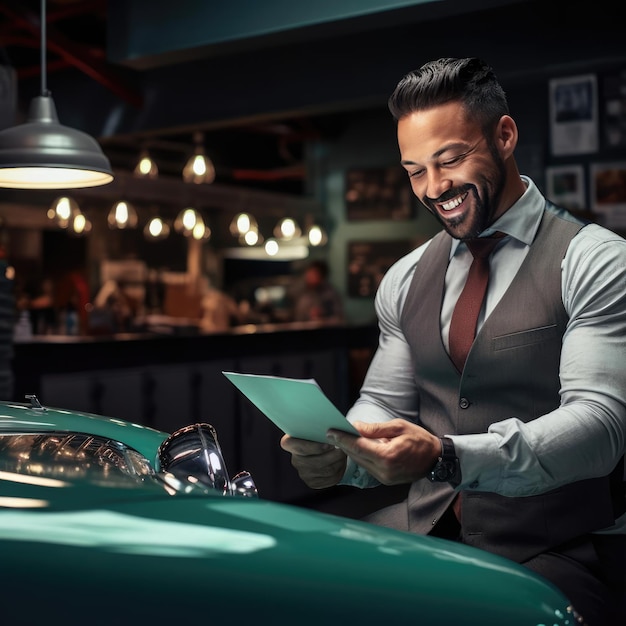 Un homme avec une tablette dans les mains sourit