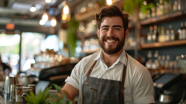 Un homme en tablier au bar