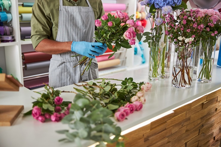 Photo homme en tablier et gants en latex faisant des bouquets de roses roses au travail