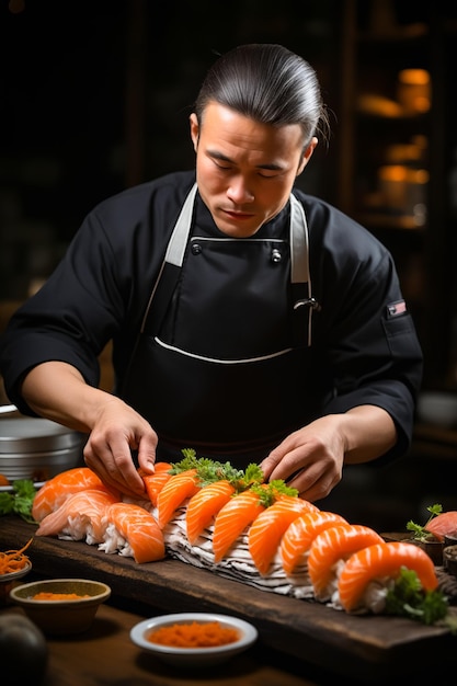 Photo un homme en tablier prépare du sushi sur la table.