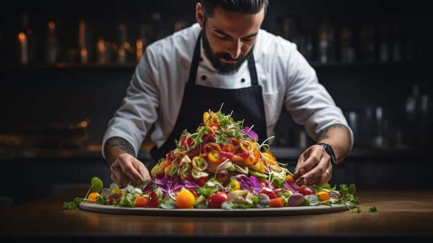 Photo un homme en tablier prépare méticuleusement une salade colorée avec des ingrédients frais