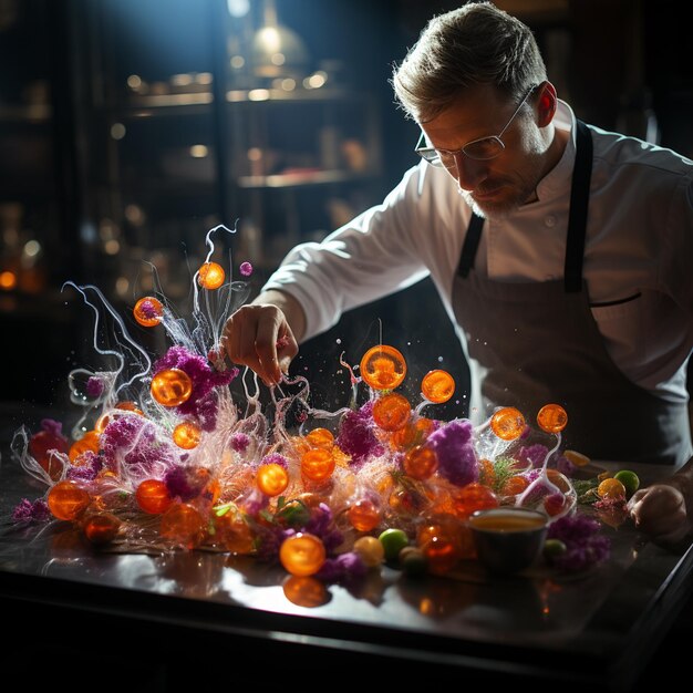 Un homme en tablier travaille sur une table avec beaucoup de fleurs.