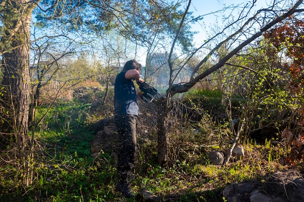 Homme taillant ou sciant un pommier à l'aide d'un fermier à la tronçonneuse semant les branches sèches de pommiers