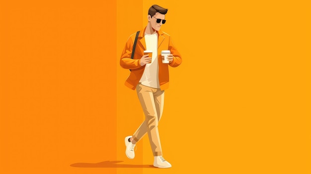 Un homme avec une tasse de café marche dans la rue dans des tons orange pastel Le gars est sorti du café avec une tasse de café à la main