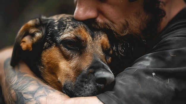 Un homme avec un tatouage sur le bras tient un chien dans ses bras