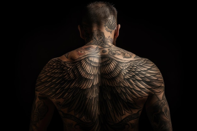 Homme avec un tatouage complet du dos d'ailes d'ange Generative AI