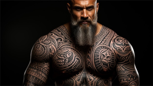 un homme avec des tatouages sur la poitrine