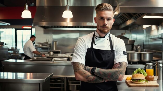 Un homme tatoué dans la cuisine