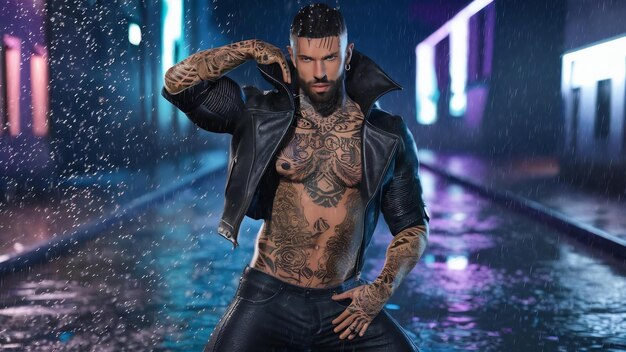 Photo un homme tatoué posant sous la pluie