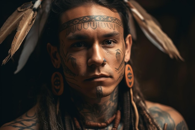 Un homme tatoué sur le visage est représenté avec le mot indien sur le devant.