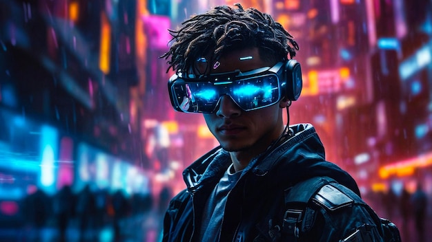 Photo un homme techno expérimentant une réalité cyberpunk avancée