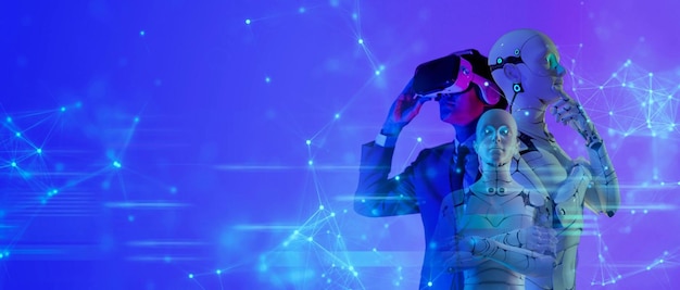 Homme de technologie du cyber-monde numérique métaverse avec lunettes de réalité virtuelle VR jouant à la réalité augmentée AR 3D divertissement de jeu de robot et conférence de réunion d'affaires style de vie futuriste