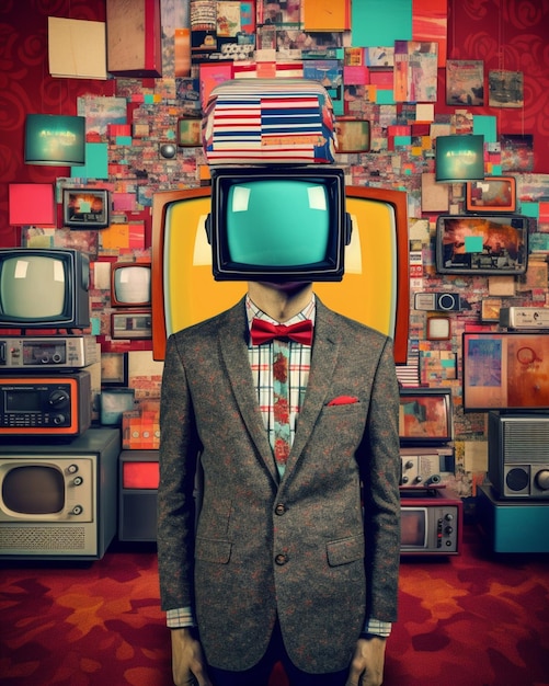 Un homme avec une télé sur la tête se tient devant un mur avec de nombreuses vieilles télévisions.
