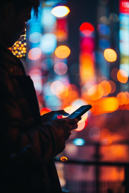 un homme avec un téléphone dans la rue sur un fond flou dans des cercles bokeh IA générative