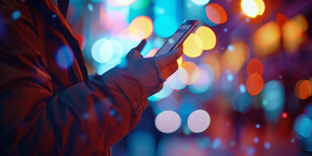 un homme avec un téléphone dans la rue sur un fond flou dans des cercles bokeh IA générative