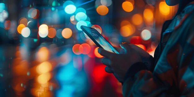 un homme avec un téléphone dans la rue sur un fond flou dans des cercles bokeh IA générative