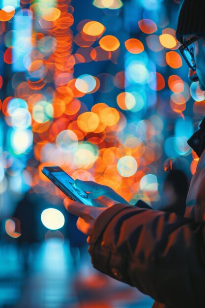 un homme avec un téléphone dans la rue sur un fond flou dans des cercles bokeh IA générative