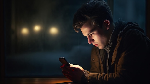 un homme avec un téléphone devant la scène de nuit