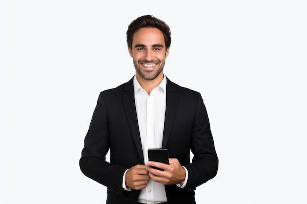 Homme avec un téléphone sur fond blanc