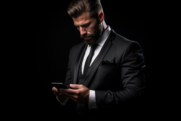 Homme avec téléphone sur fond de studio noir