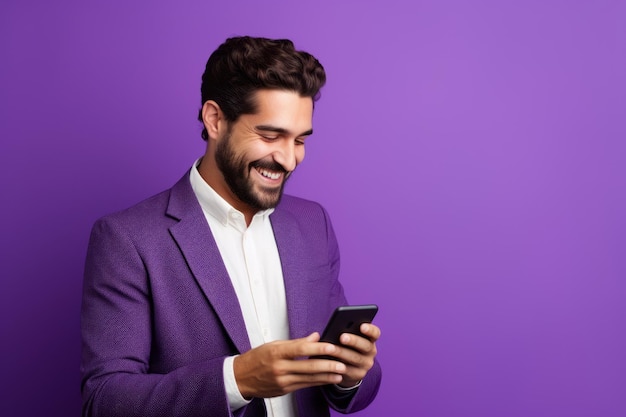 Homme avec un téléphone sur fond violet