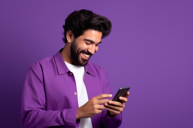 Homme avec un téléphone sur fond violet