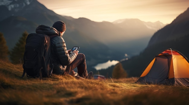 un homme avec un téléphone portable assis près d'une tente de camping et des montagnes