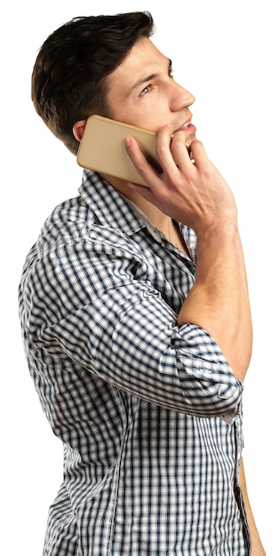 Homme et téléphone portable isolé sur blanc