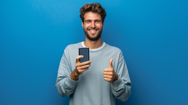 un homme avec un téléphone qui dit le pouce en l'air