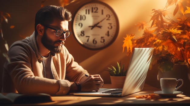 Photo homme télétravaillant à la maison avec une grande horloge derrière