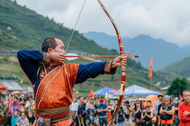 un homme tenant un arc et une flèche devant une foule